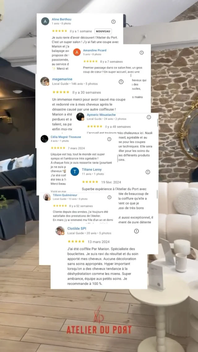 🖤 Derrière chaque bel avis, il y a une rencontre, de la confiance, de la générosité.

Et pour ça, on ne vous dira jamais assez merci.

Chez nous, l’ambiance, la qualité, l’écoute… tout ça n’existerait pas sans vous.

Vos mots, vos retours, vos sourires 💬✨ donnent tout son sens à ce qu’on fait chaque jour.

🌿 Entrer dans notre salon, ce n’est pas juste venir faire ses cheveux :

C’est prendre un moment pour soi, dans un lieu bienveillant, chaleureux, pensé pour vous.

🙏 Merci à toutes celles et ceux qui partagent leur expérience, qui nous recommandent, qui font vivre l’Atelier du Portau quotidien.

C’est grâce à vous que l’aventure est aussi belle. 🤍

💡 Et si tu consultais un expert du cheveu ?

📍 L’Atelier du Port — respectueusement atypique

📲 Prends ton rendez-vous en ligne (lien dans la bio)

📫 170 rue Jurien de la Gravière, 29200 Brest

🌐 www.atelierduport.com

#atelierduport #coiffeurbrest #brestmaville #avisclient #ambiancecoiffeur #bienveillance #salonchaleureux #expérienceclient #momentpoursoi #haircare #coiffuredeconfiance #headspa #cheveuxsublimés
